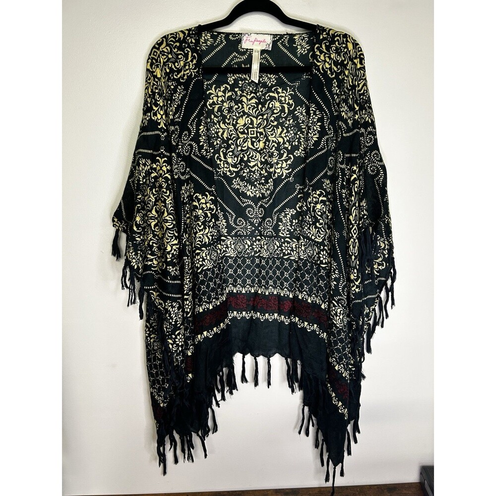 Free People Fuzzi floral fringe kimono top black & yellow long tassel fringe OS